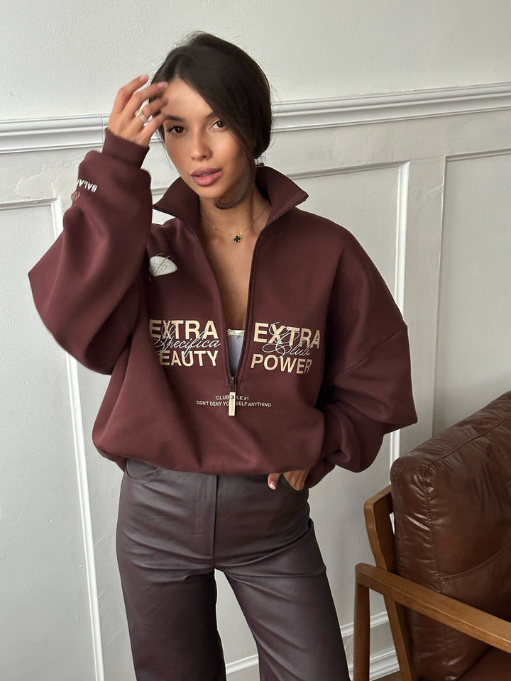 Damer Oversized Zip Genser med kreativ tekst og moderne design Skjora