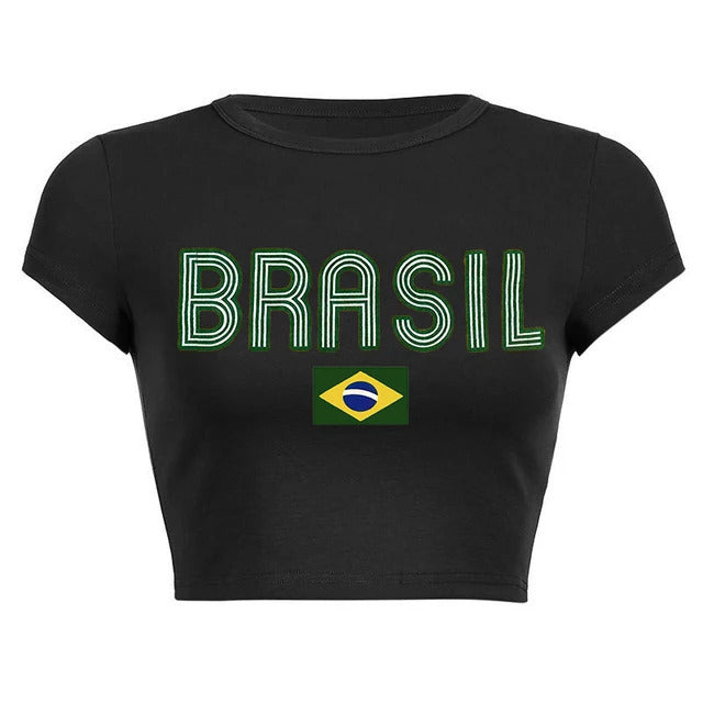 Dame cropped T-skjorte med stilig stjernemotiv Skjora