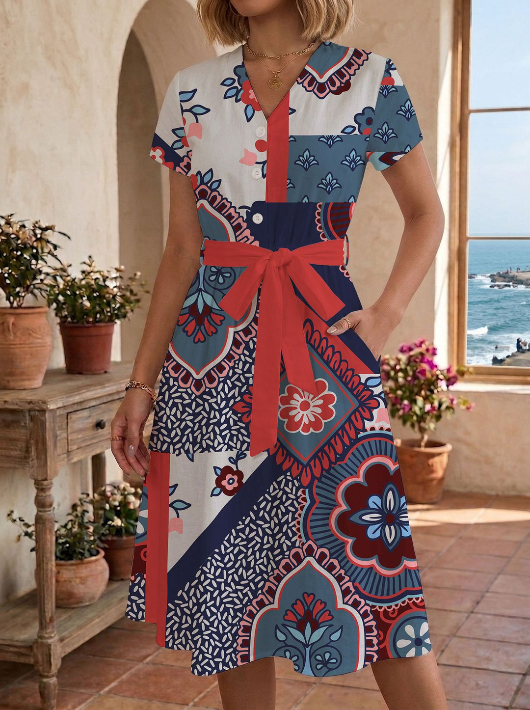 Damen Sommerliches Kleid mit taillierbarem Bindegürtel und floralem Muster Skjora