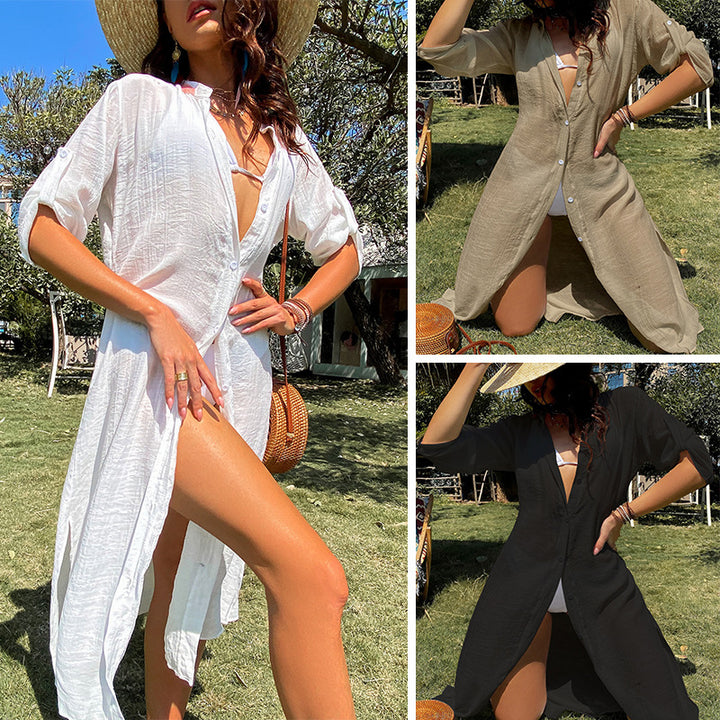 Damen lässiges Sommerkleid mit durchgehender Knopfleiste und seitlichen Taschen Skjora