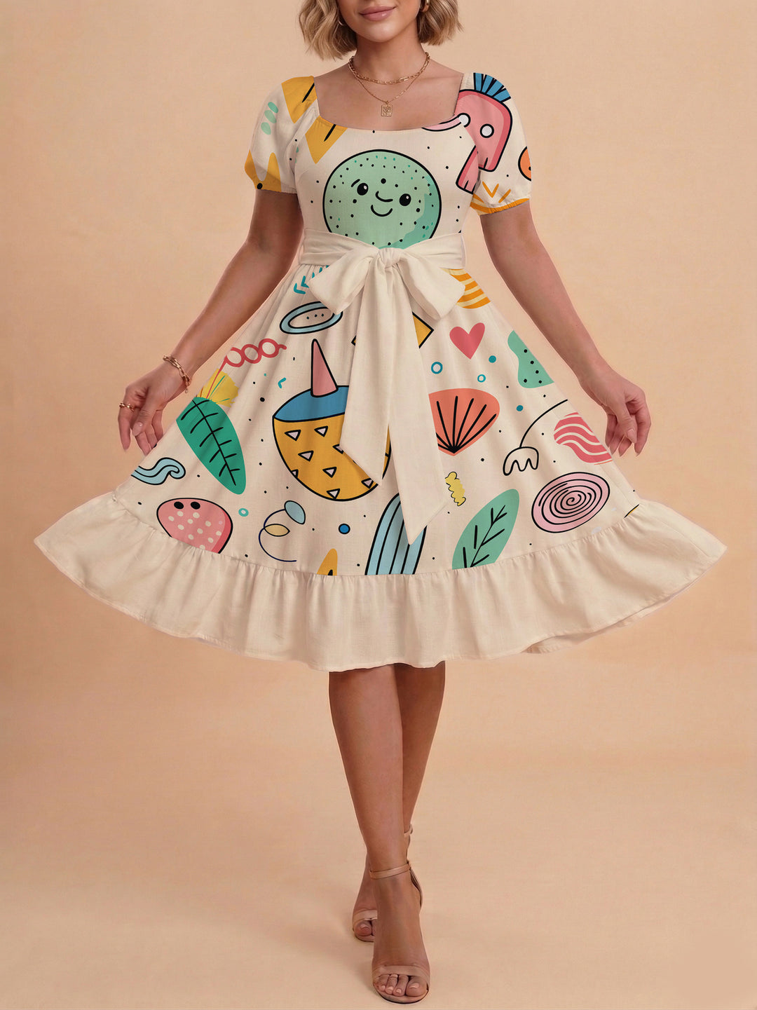 Damen Sommerkleid mit floralem Puffärmel und taillierbarem Gürtel Skjora