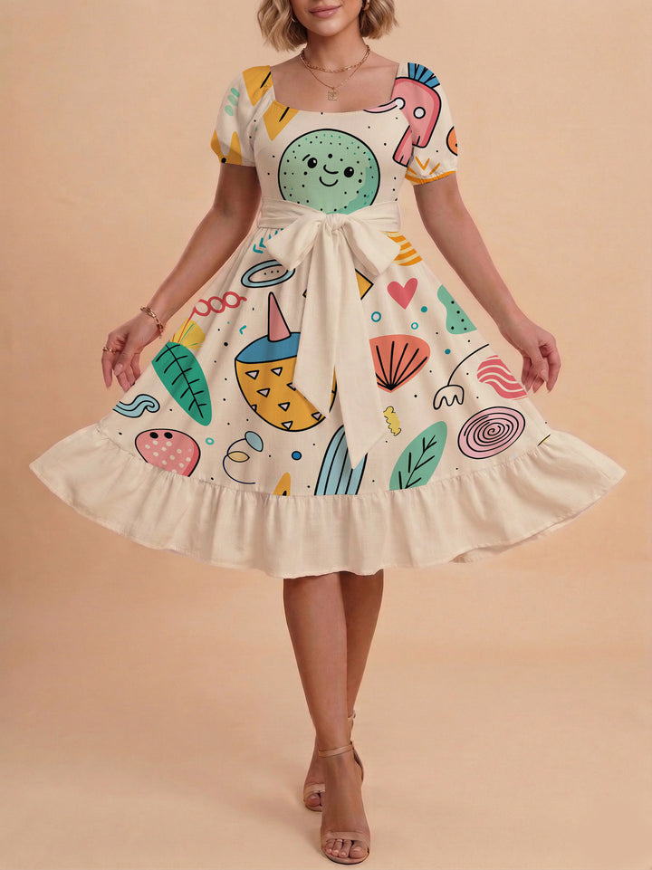 Damen Sommerkleid mit floralem Puffärmel und taillierbarem Gürtel Skjora