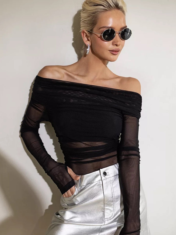 Dame Off-Shoulder Langermet T-skjorte i lett gjennomsiktig stoff med raffinert draperingseffekt Skjora
