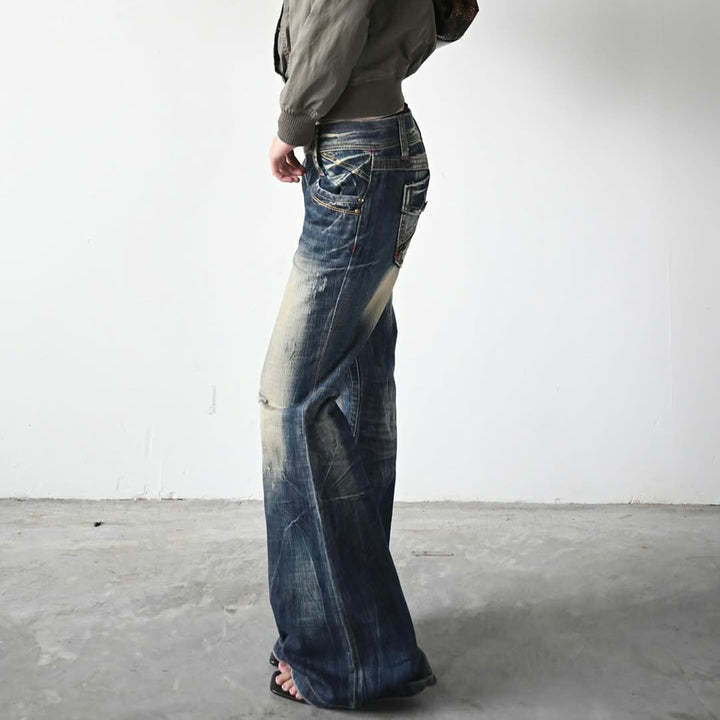 Dame Flared Jeans med trendy bruktutseende Skjora
