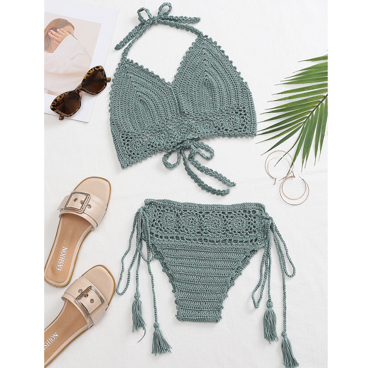 Damen Häkel-Bikini-Set mit verstellbaren Trägern und fransigen Details Skjora