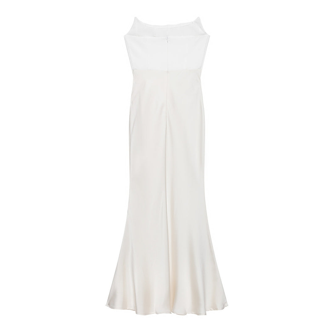 Dame lang satin aften kjole med elegant drapering Skjora