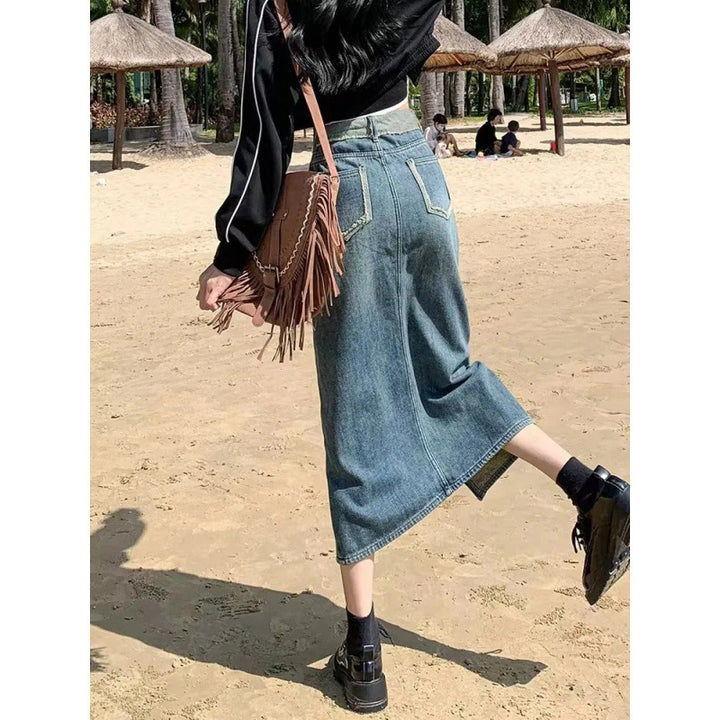 Women's Long Denim Skirt with High Slit Shredded