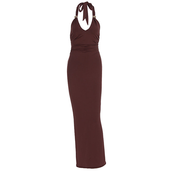 Dame Elegant aftenkjole med dyp V-hals og dekorativ halter Skjora