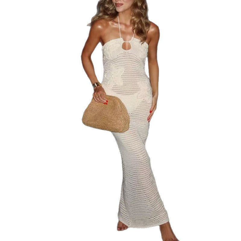 Damen Häkel-Maxikleid mit tiefem Keyhole-Ausschnitt und elegantem Design Skjora