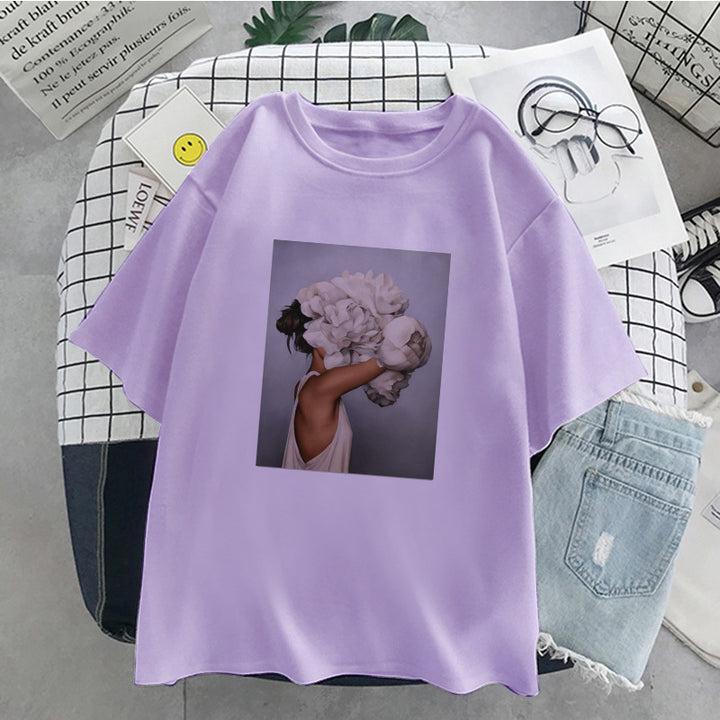 Dame T-skjorte med kreativt fototrykk og avslappet snitt Skjora
