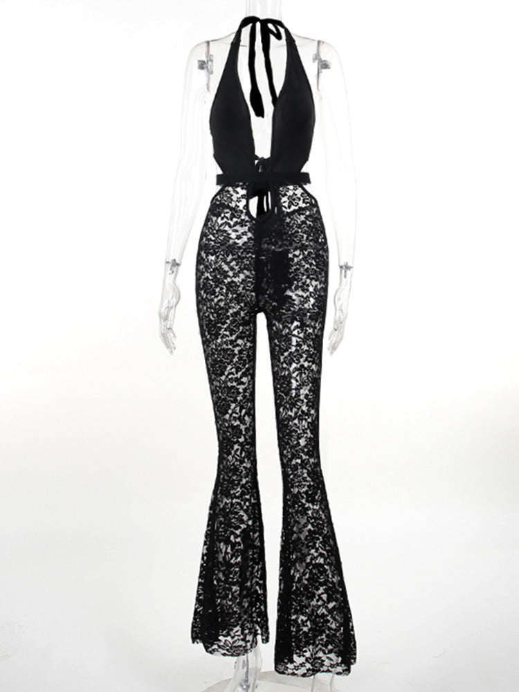 Dame elegant blonder jumpsuit med dyp V-hals og klokke bukser Skjora