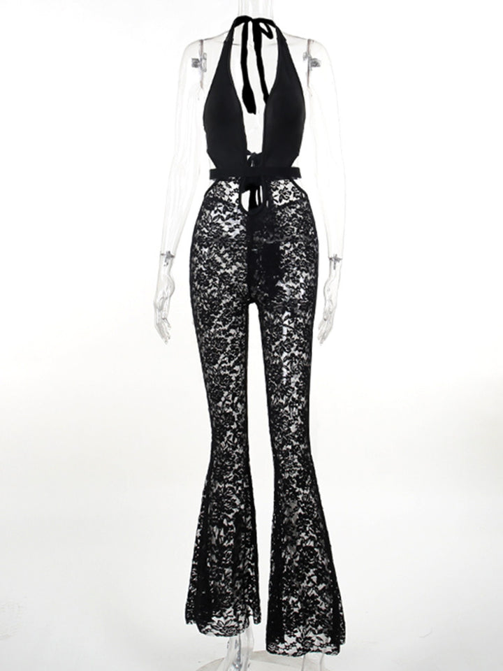 Dame elegant blonder jumpsuit med dyp V-hals og klokke bukser Skjora