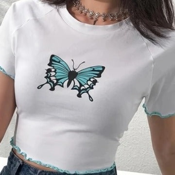 Dame Crop-Top med kreativ sommerfugldesign og bølgete søm Skjora