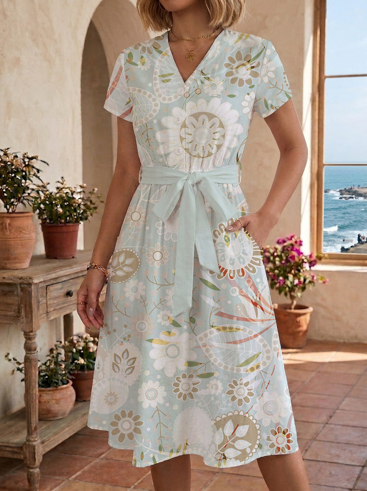 Damen Midikleid mit floralem Motiv und Taillengürtel Skjora