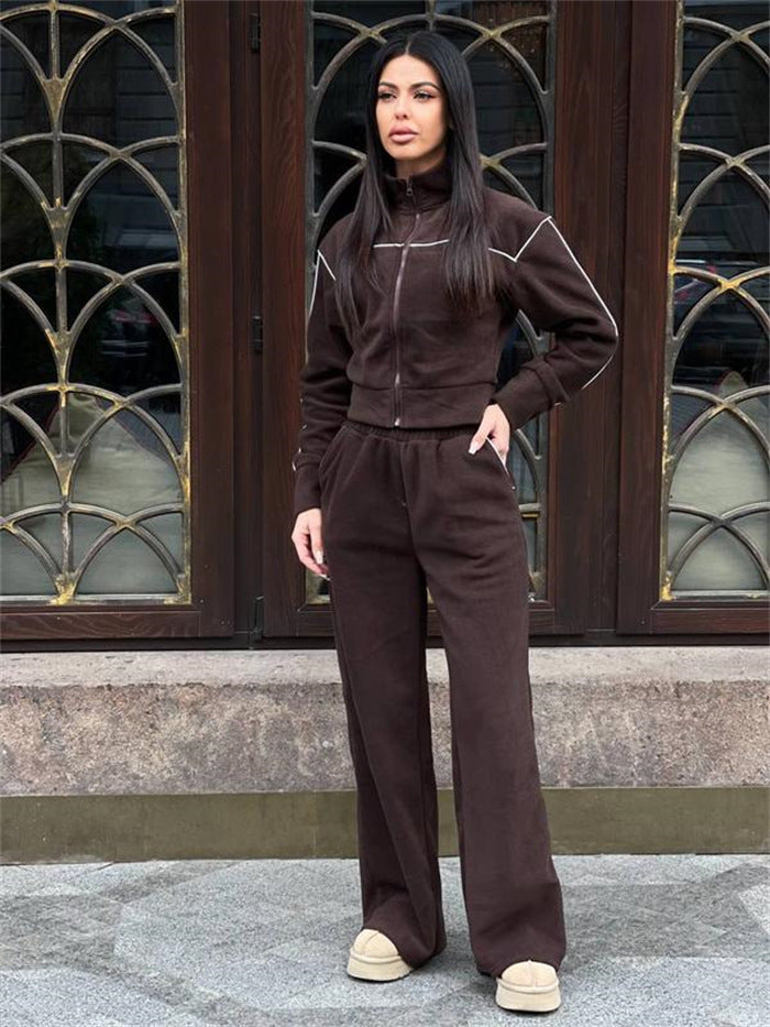 Damer Casual Fleece Cropped Set med Løs Passform og Elastisk Liv Skjora