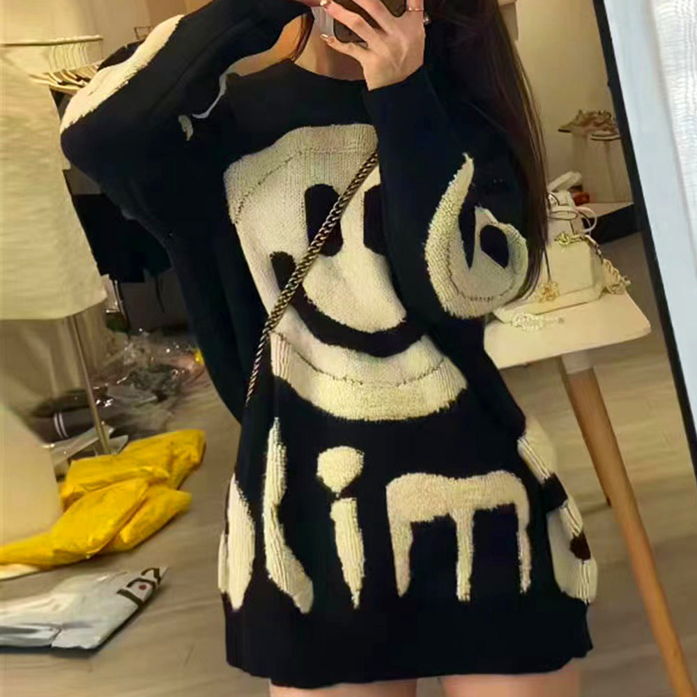 Damer casual strikket genser med smiley motiv Skjora