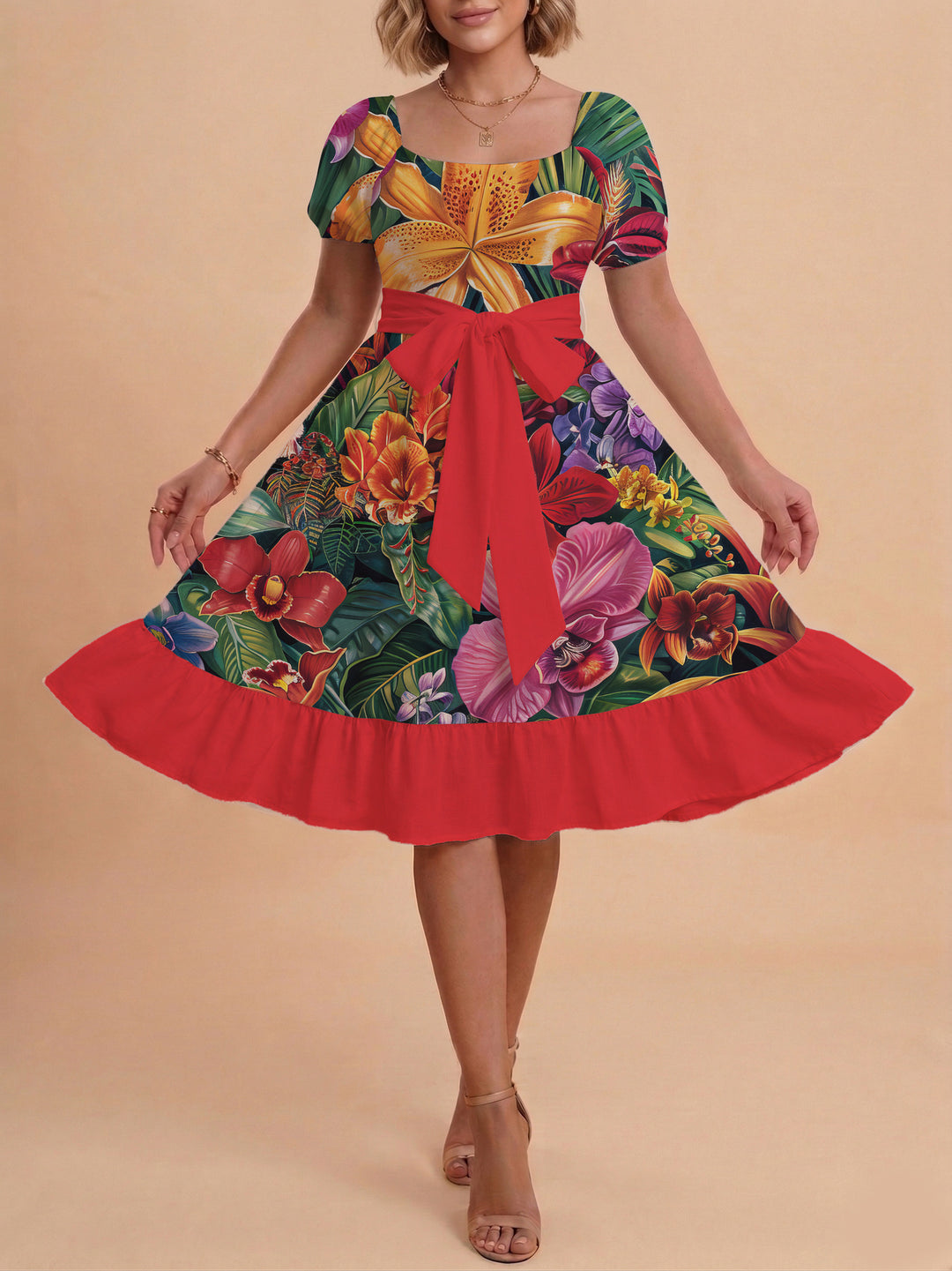 Damen Sommerkleid mit floralem Puffärmel und taillierbarem Gürtel Skjora