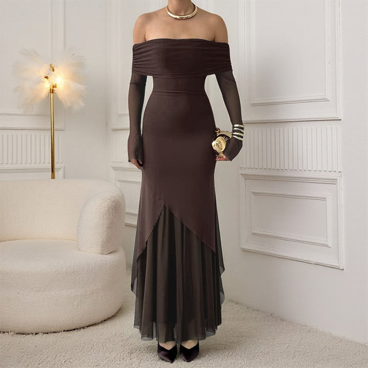 Dame elegant off-the-shoulder maxikjole med raffinert rynkede overdel og asymmetrisk kant Skjora
