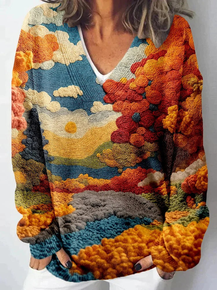 Ladies knitted sweater with detailed landscape pattern Skjora