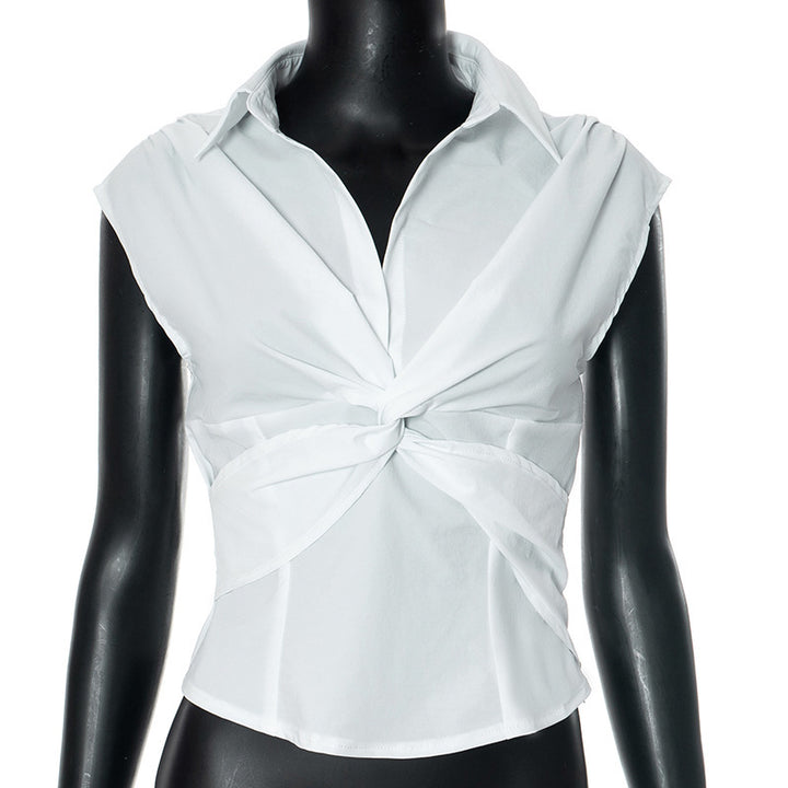 Dame elegant kortermet bluse med knuteformet design Skjora