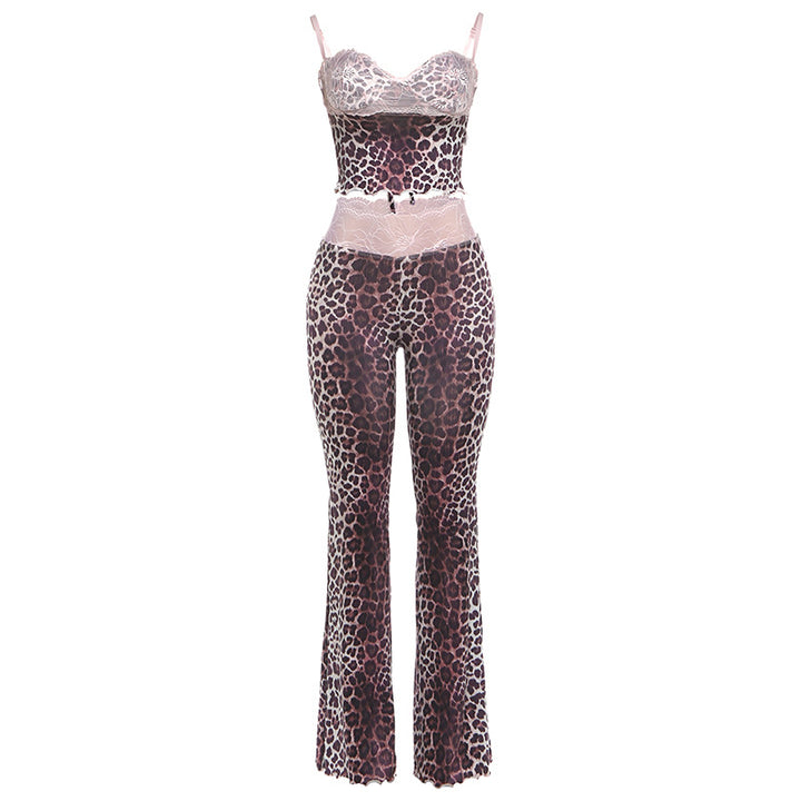 Dame Erotik Jumpsuit med leopardmønster og spisse stropper Skjora