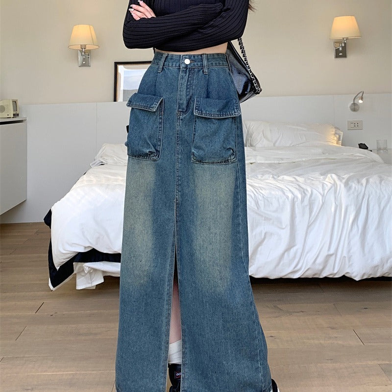 Kvinnens lange denimskjørt med praktiske lommer Skjora