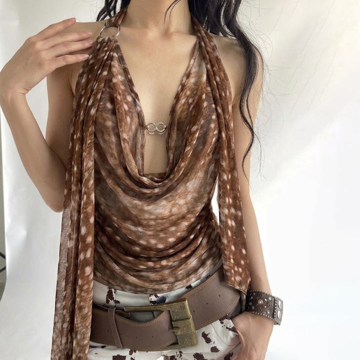 Dame trendy omslagsbluse med gjennomsiktig design og lange bånd Skjora