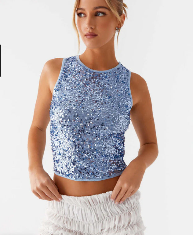 Kvinne Glitrende Crop Top med Høy Hals Design og Funklende Pailletter Skjora