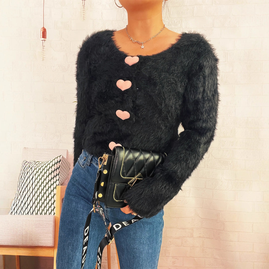 Damer fluffy cardigan med hjerteknapper Skjora