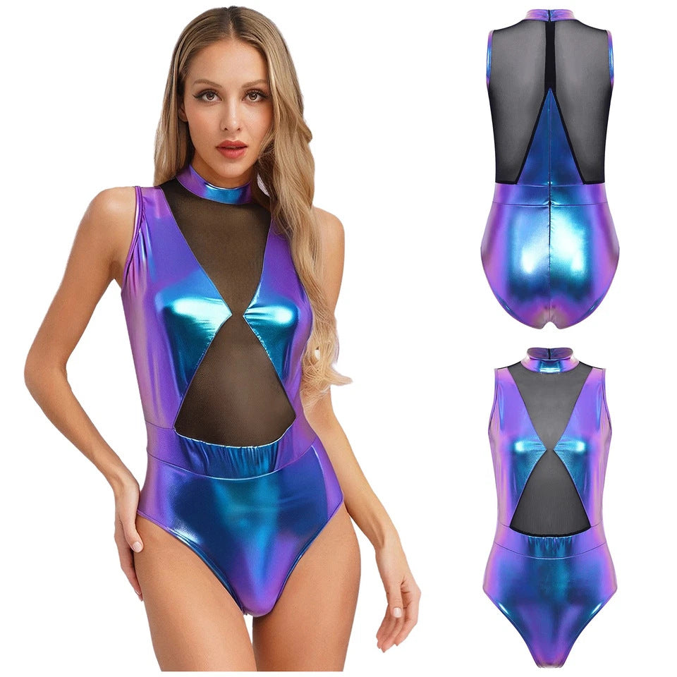 Damen Einteiler Badeanzug mit transparenten Einsätzen und schimmerndem Design Skjora