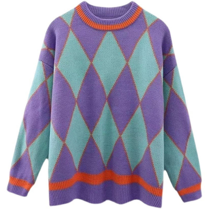 Kvinnens oversized strikkegenser med geometrisk mønster og fargekontraster Skjora