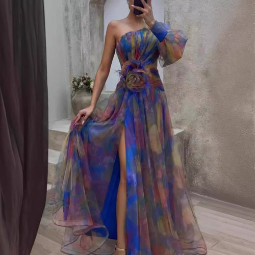 Damer Elegant Maxi Kjole med Asymmetrisk Design og Blomsterdetaljer Skjora