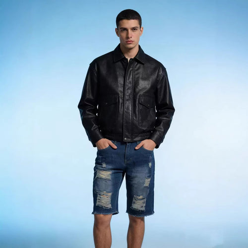 Herre casual destroyed jeansshorts med frynsete avslutninger og vid ben Skjora