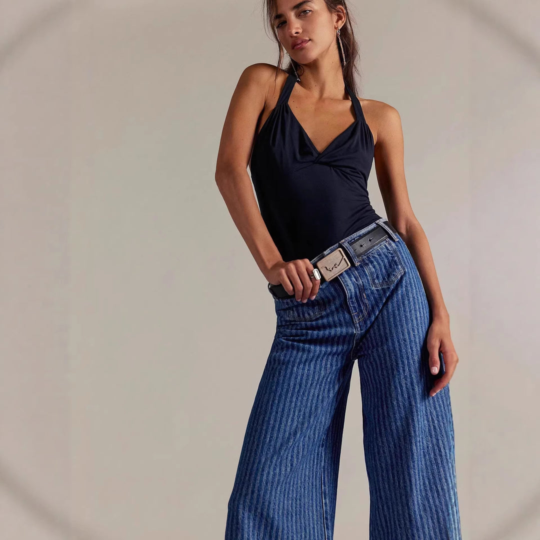 Damer Elegante vidt skårne jeans med påsydd striper Skjora