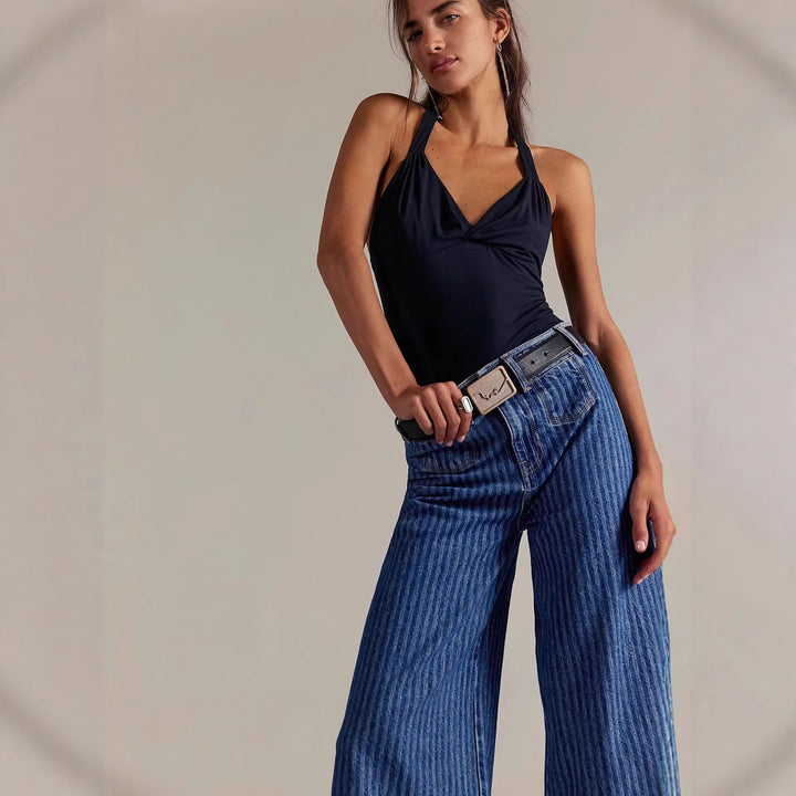 Damer Elegante vidt skårne jeans med påsydd striper Skjora