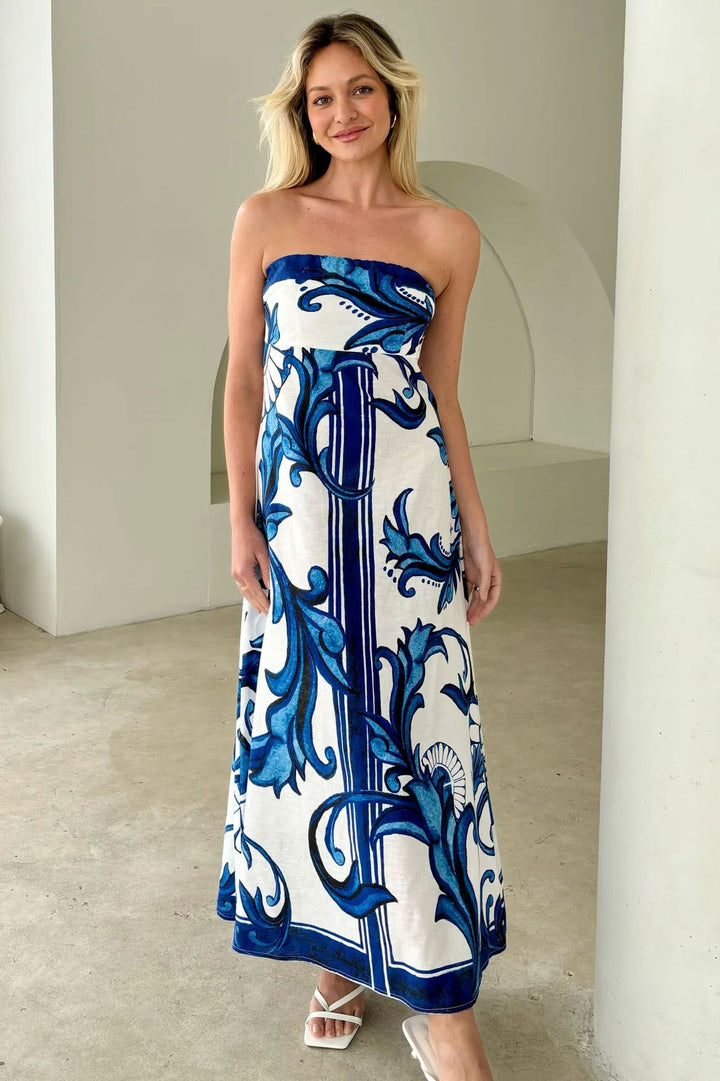 Kvinnenes Bandeau Maxi Kjole med Elegant Blomsterprint og Flytende Snitt