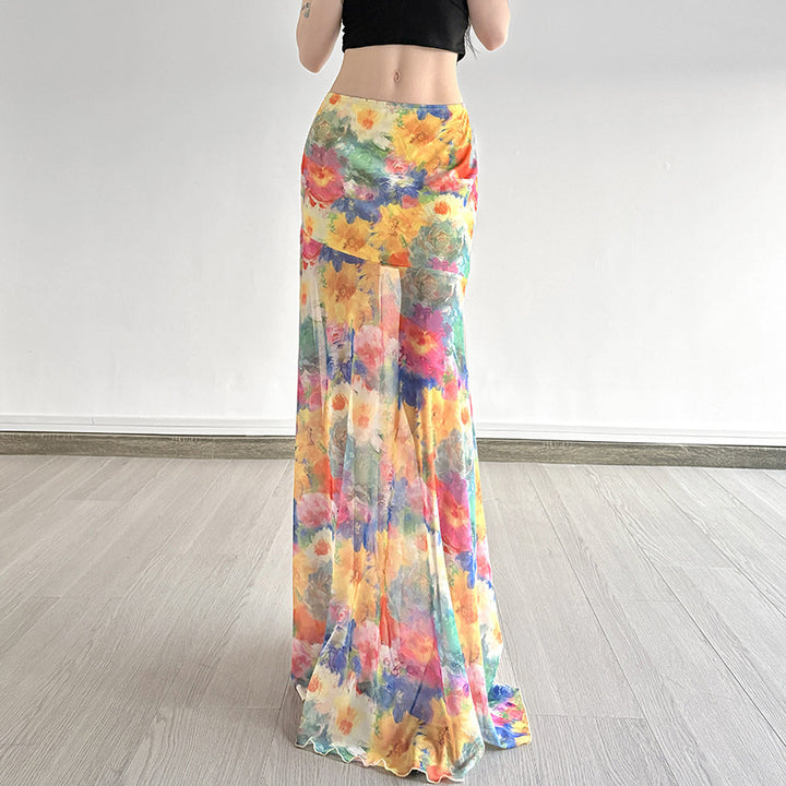 Dame Maxi-skjørt med blomstret chiffon-design og svingende falm Skjora