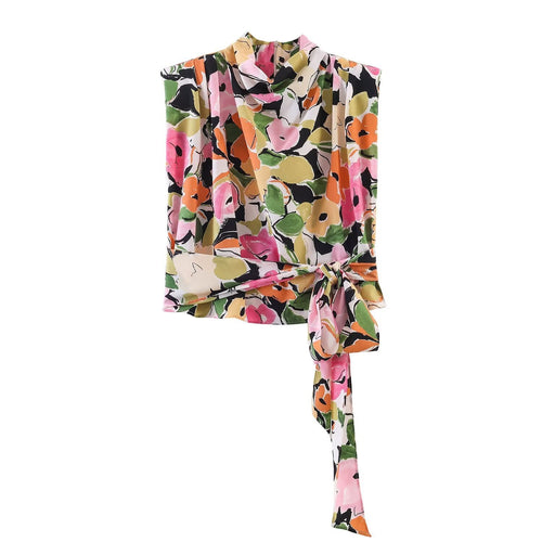 Damebluse med blomsterdesign og elegant knytning Skjora
