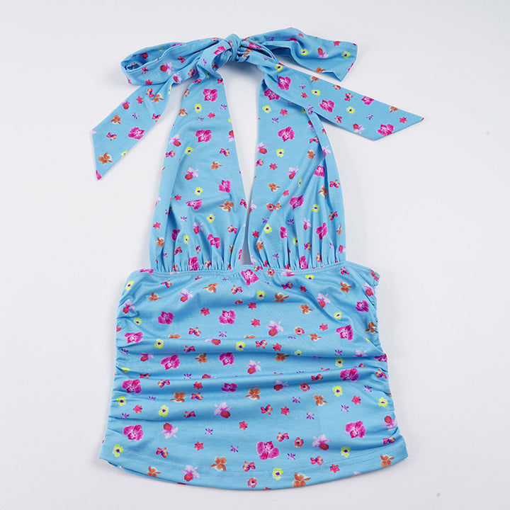 Dame Halterneck-bluse med blomstermønster og rynker Skjora