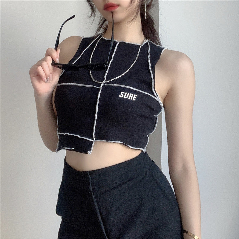 Dame Crop-Top med kreativt snitt og kontrasterende sømmer Skjora