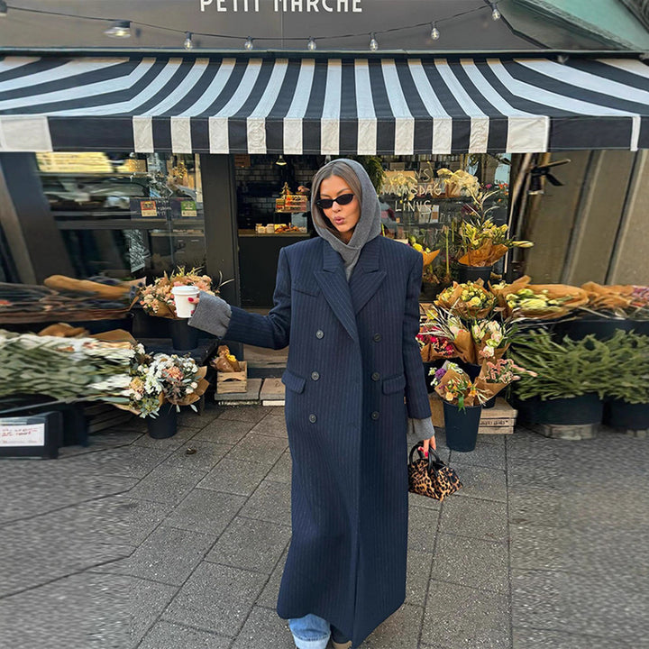 Dame Elegant Stripete Trench Coat med Dobbel Knepp og Praktiske Lommer Skjora