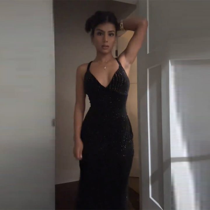 Women's glamorous evening dress with glittering sequin embellishment and deep V-neckline Skirt