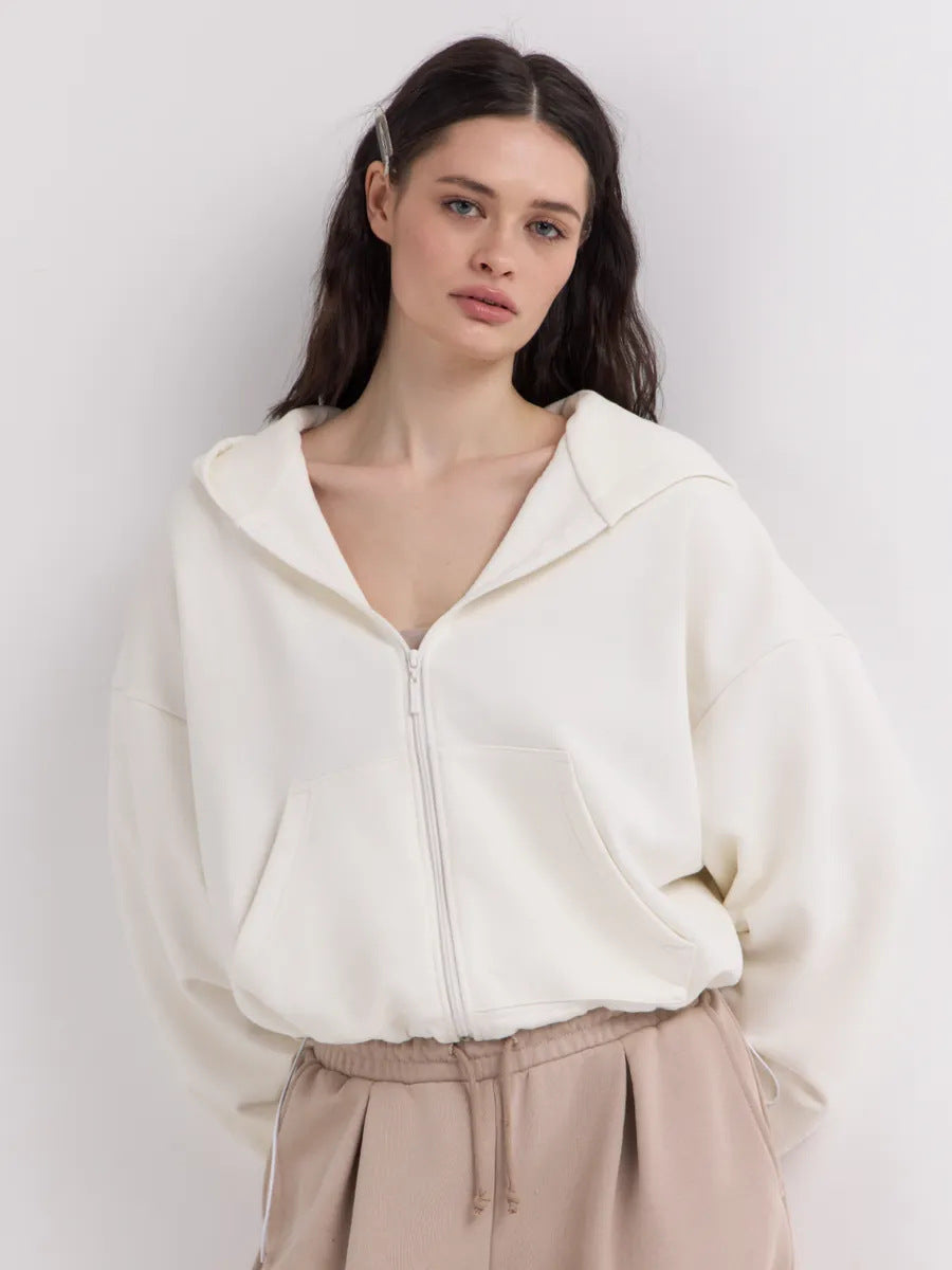 Kvinne Cropped Hoodie Jakke med Glidelås og Overstore Ermer Skjora