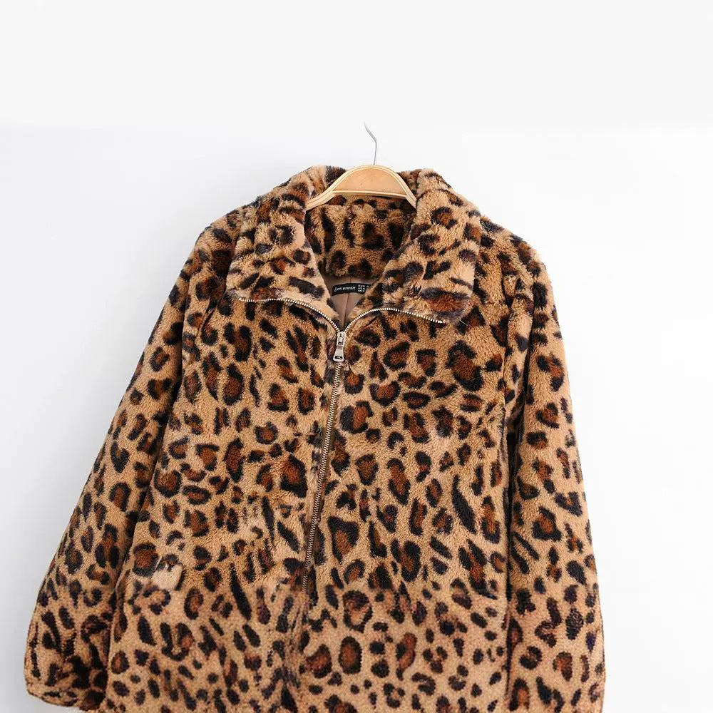 Kvinne Fluffy Leopard Print Jakke med Glidelås Skjora
