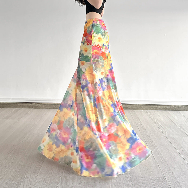 Dame Maxi-skjørt med blomstret chiffon-design og svingende falm Skjora