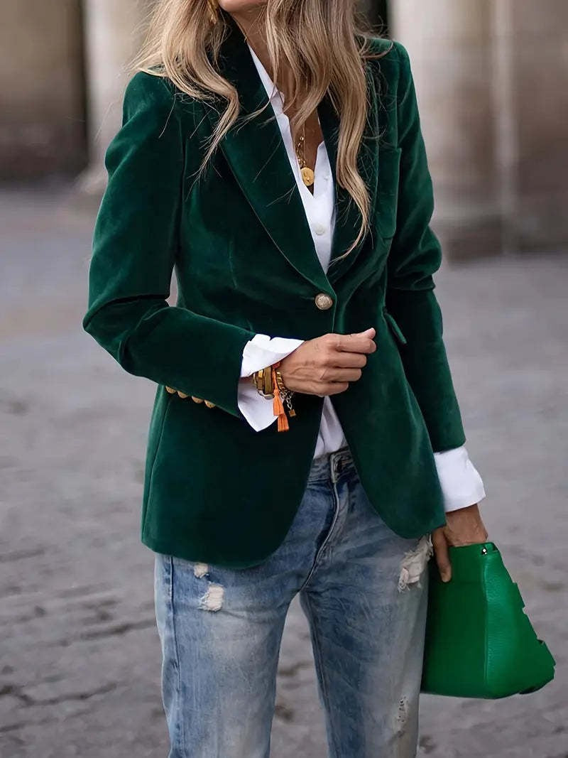 Dame Elegant Fløyelsblazer med Skreddersydd Passform og Gullknapper Skjora