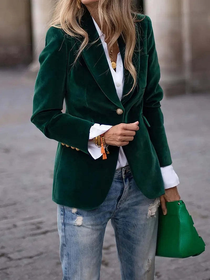 Dame Elegant Fløyelsblazer med Skreddersydd Passform og Gullknapper Skjora