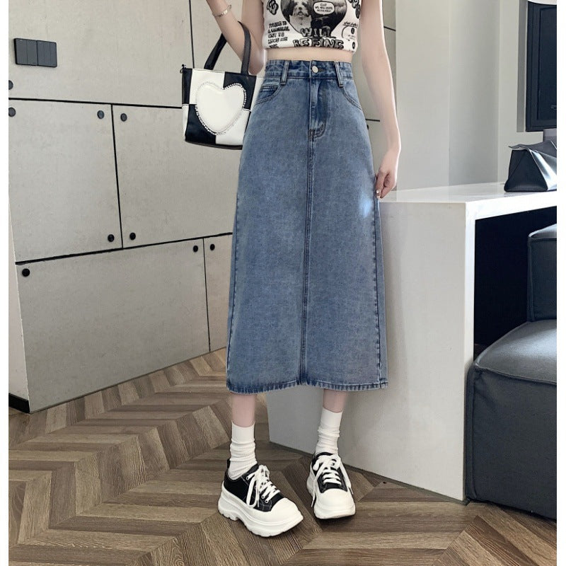 Kvinne midi denim skjørt med front splitt Skjora