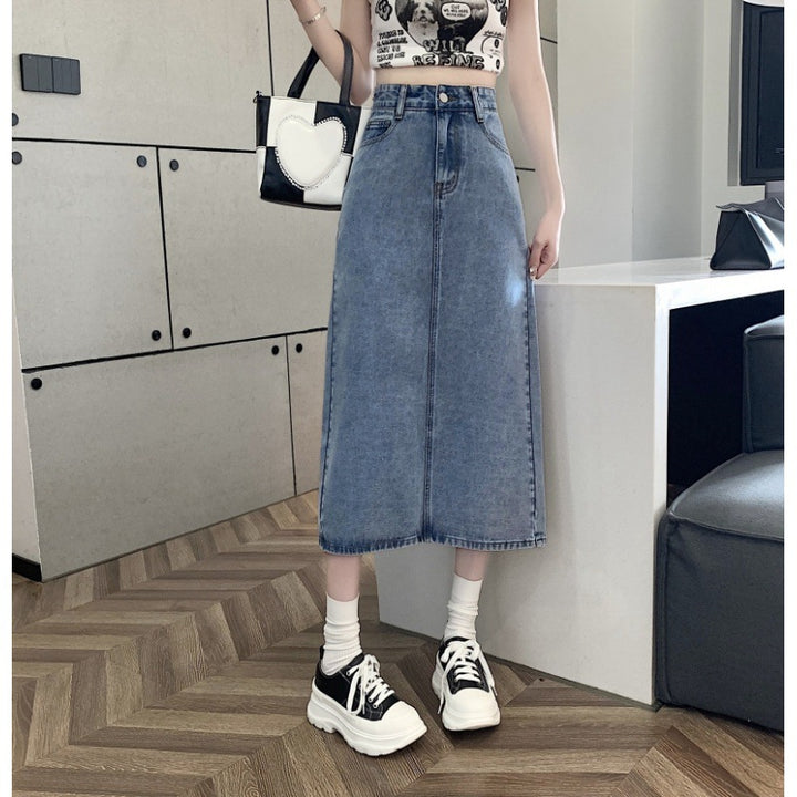 Kvinne midi denim skjørt med front splitt Skjora