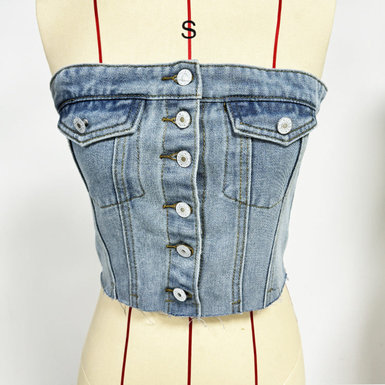 Dame Denim Bustier-Topp med knappestolpe og tettsittende snitt Skjora